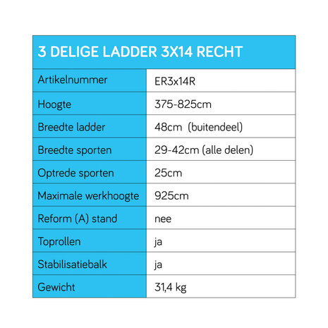 Eurostairs Opsteek ladder driedelig recht 3x14 sporten + gevelrollen